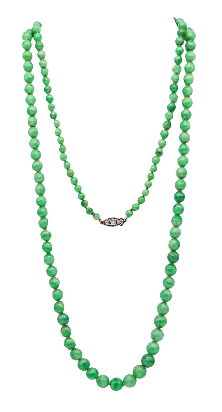 Art Deco 1925 Graduated Burmese Jadeite Jade Necklace Sautoir In Platinum With Diamonds