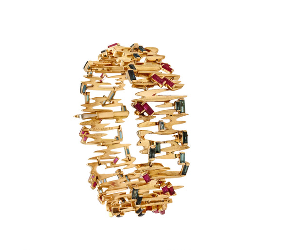 Gubelin 1970 Swiss Brutalist Bracelet In 18Kt Gold With 9.72 Cts In Rubies And Tourmaline