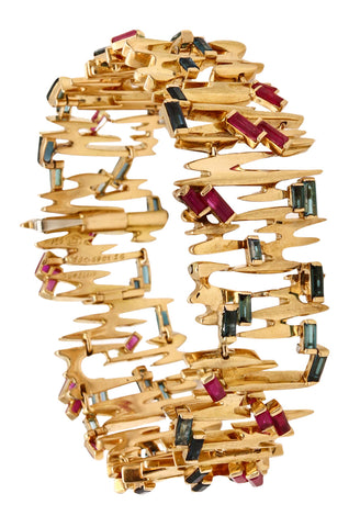 Gubelin 1970 Swiss Brutalist Bracelet In 18Kt Gold With 9.72 Cts In Rubies And Tourmaline