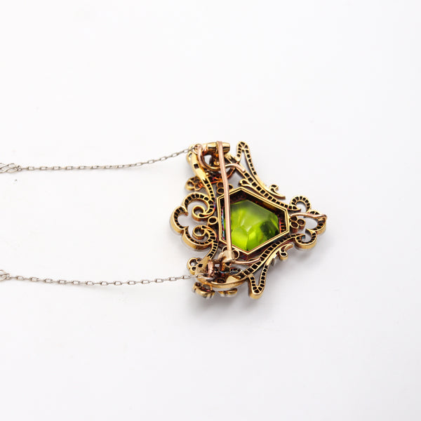 -Edwardian 1905 Art Nouveau Necklace In Platinum And 18Kt Gold With 15.12 Ctw Peridot And Diamonds