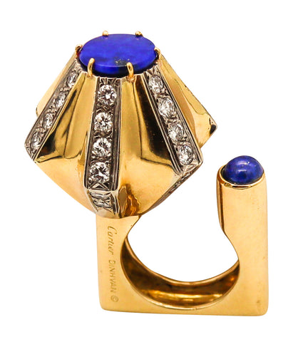 -Cartier 1968 Dinh Van Geometric Sculptural Ring In 18Kt Gold With 6.09 Cts In Diamonds & Carved Lapis Lazuli