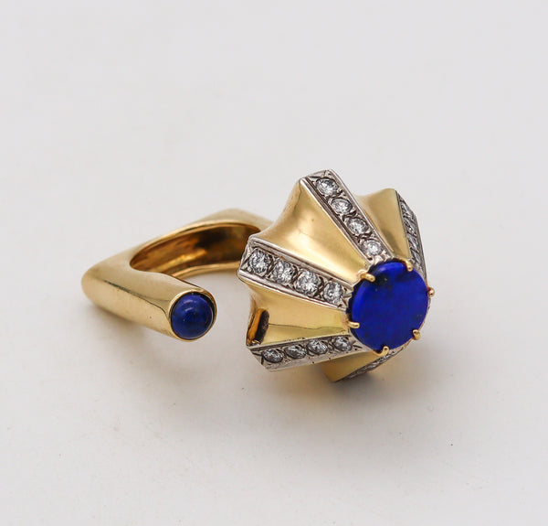 -Cartier 1968 Dinh Van Geometric Sculptural Ring In 18Kt Gold With 6.09 Cts In Diamonds & Carved Lapis Lazuli