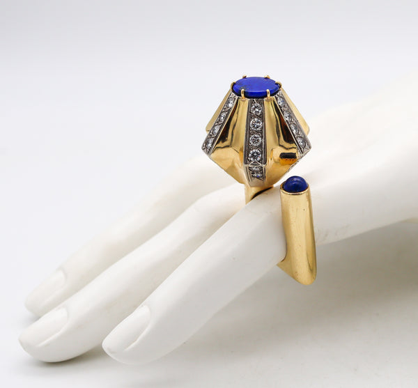 -Cartier 1968 Dinh Van Geometric Sculptural Ring In 18Kt Gold With 6.09 Cts In Diamonds & Carved Lapis Lazuli