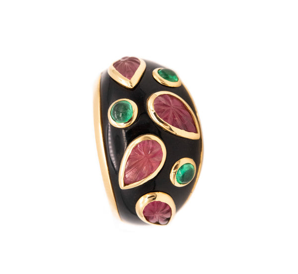 CARTIER PARIS RARE 18 KT YELLOW GOLD MUGHAL RING WITH 2.70 Ctw IN EMERALD & TOURMALINE
