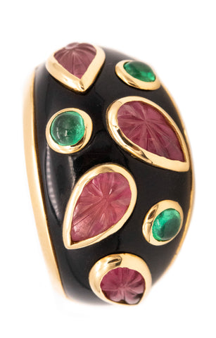 CARTIER PARIS RARE 18 KT YELLOW GOLD MUGHAL RING WITH 2.70 Ctw IN EMERALD & TOURMALINE