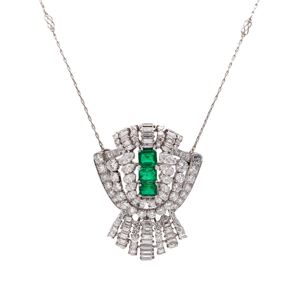 Art Deco 1930 Convertible Pendant Brooch In Platinum With 11.73 Ctw In Diamonds And Emeralds