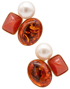 -Designer KJ Modern Earrings In 18Kt Yellow Gold With Amber, Jasper And Pearls