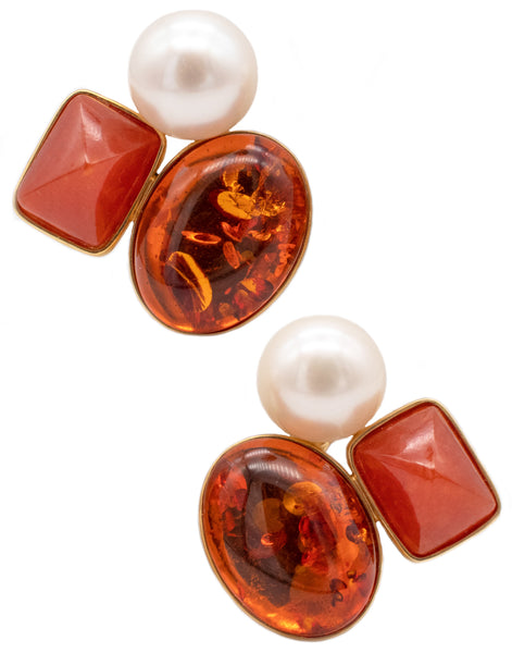 -Designer KJ Modern Earrings In 18Kt Yellow Gold With Amber, Jasper And Pearls