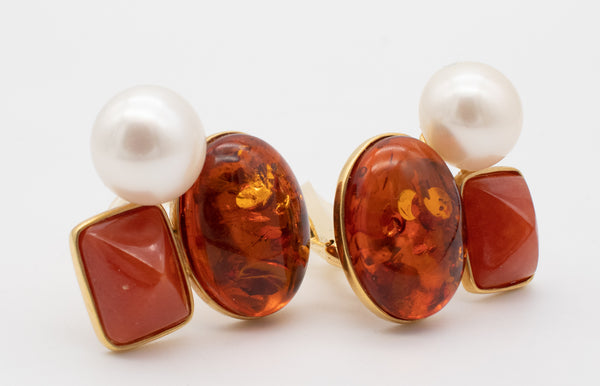 -Designer KJ Modern Earrings In 18Kt Yellow Gold With Amber, Jasper And Pearls