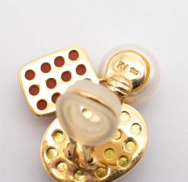 -Designer KJ Modern Earrings In 18Kt Yellow Gold With Amber, Jasper And Pearls