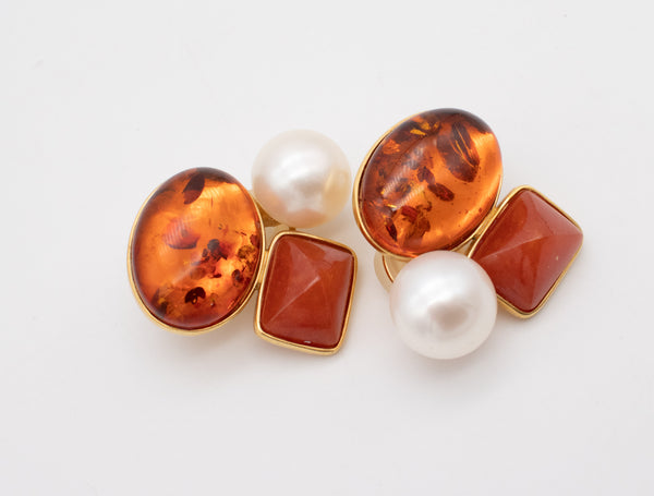 -Designer KJ Modern Earrings In 18Kt Yellow Gold With Amber, Jasper And Pearls