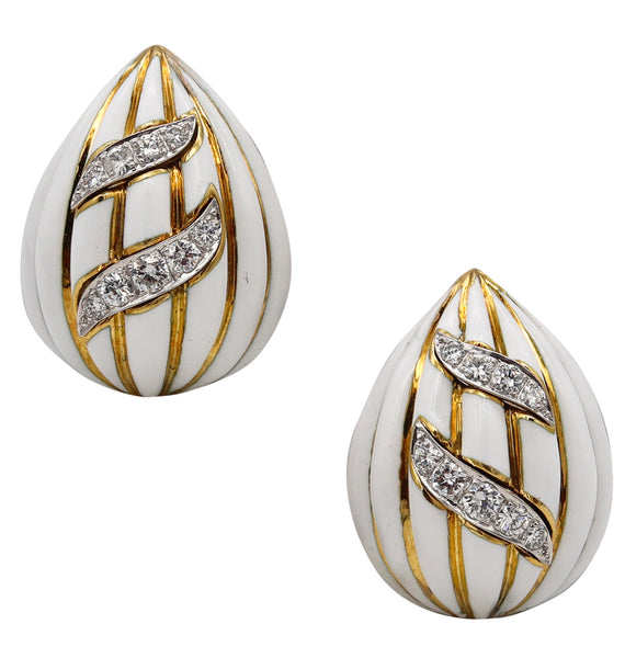 David Webb 1970 White Enameled Clips-Earrings In 18Kt Gold & Platinum With 1.62 Cts In Diamonds