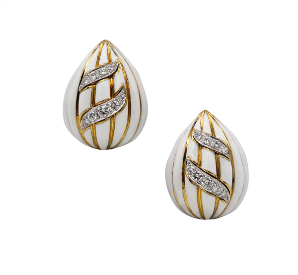 David Webb 1970 White Enameled Clips-Earrings In 18Kt Gold & Platinum With 1.62 Cts In Diamonds