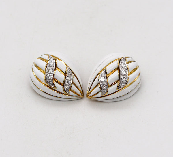 David Webb 1970 White Enameled Clips-Earrings In 18Kt Gold & Platinum With 1.62 Cts In Diamonds