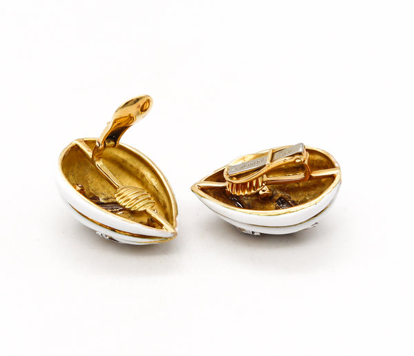 David Webb 1970 White Enameled Clips-Earrings In 18Kt Gold & Platinum With 1.62 Cts In Diamonds