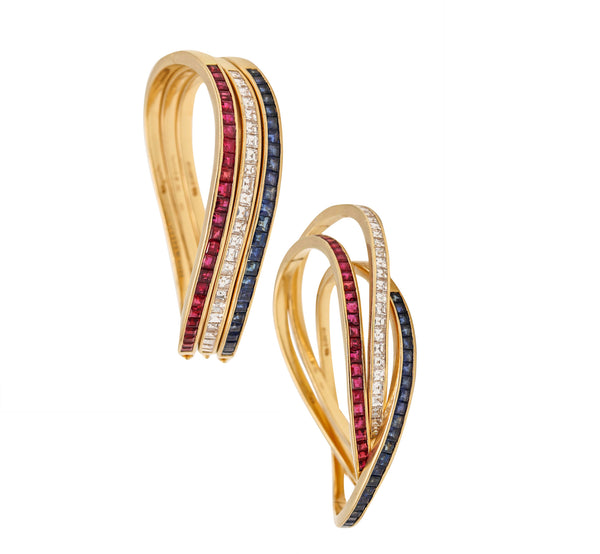 Oscar Heyman Wave Bracelets Trio In 18Kt Gold With 13.88 Cts In Diamonds, Rubies & Sapphires