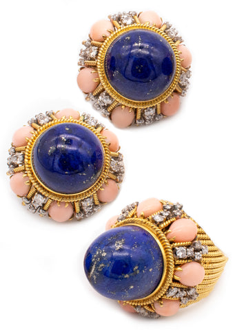 Mid Century 1960 Retro Suite In 18Kt Gold With 65.82 Ctw In Diamonds Lapis & Coral