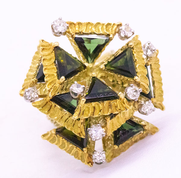 RETRO CUBISM 18 KT RING WITH 9.85 Cts OF DIAMONDS & GREEN TOURMALINE