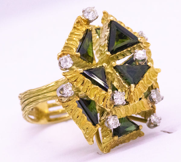 RETRO CUBISM 18 KT RING WITH 9.85 Cts OF DIAMONDS & GREEN TOURMALINE