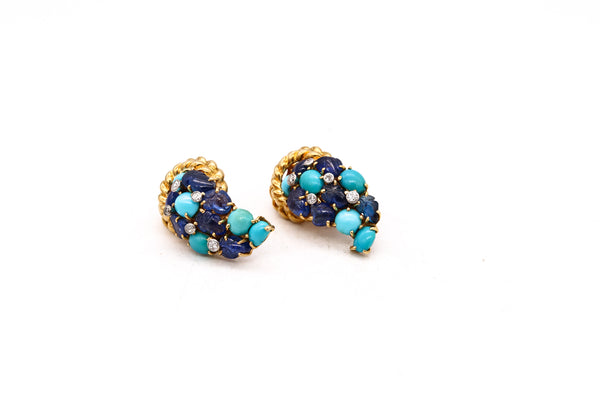 *Kutchinsky 1972 London 18 kt gold cluster earrings with 19.56 Cts in diamonds sapphires and turquoises