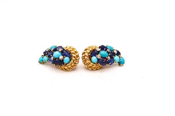 *Kutchinsky 1972 London 18 kt gold cluster earrings with 19.56 Cts in diamonds sapphires and turquoises