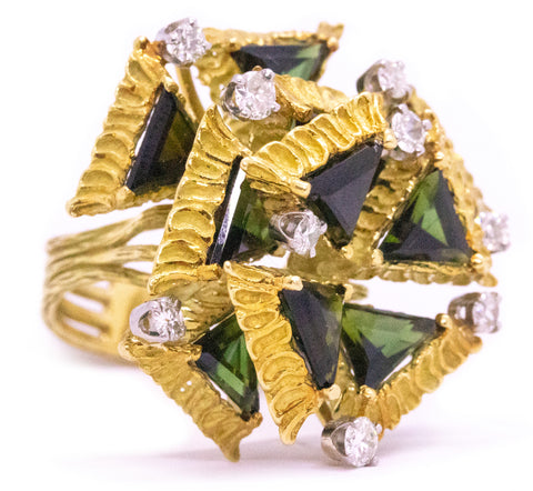 RETRO CUBISM 18 KT RING WITH 9.85 Cts OF DIAMONDS & GREEN TOURMALINE