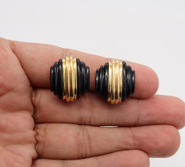 Charles Turi Stepped Skyscraper Clip Earrings In 18Kt Yellow Gold With Carved Onyxes
