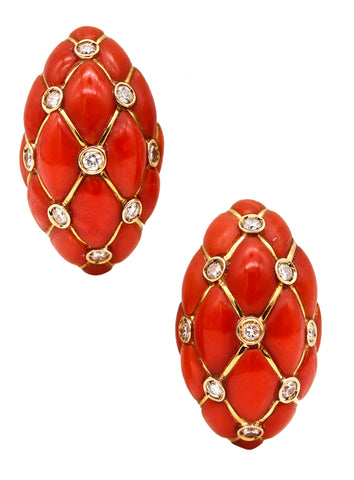 -Neapolitan Coral Quilted Convertible Earrings In 18 Karats Yellow Gold With VS Diamonds