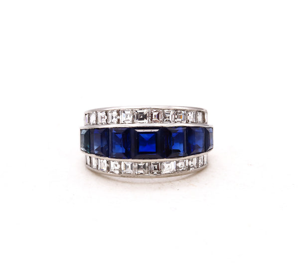 *French 1930's Art-Deco platinum ring with 5.82 Cts in diamonds and blue sapphires