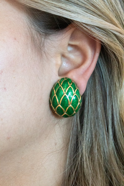 David Webb 1970 New York Green Enameled Quilted Clip Earrings In Solid 18Kt Yellow Gold