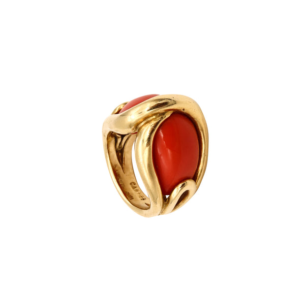 Cartier 1970 Paris Rare Cocktail Ring in 18Kt Yellow Gold With Red Coral Cabochons