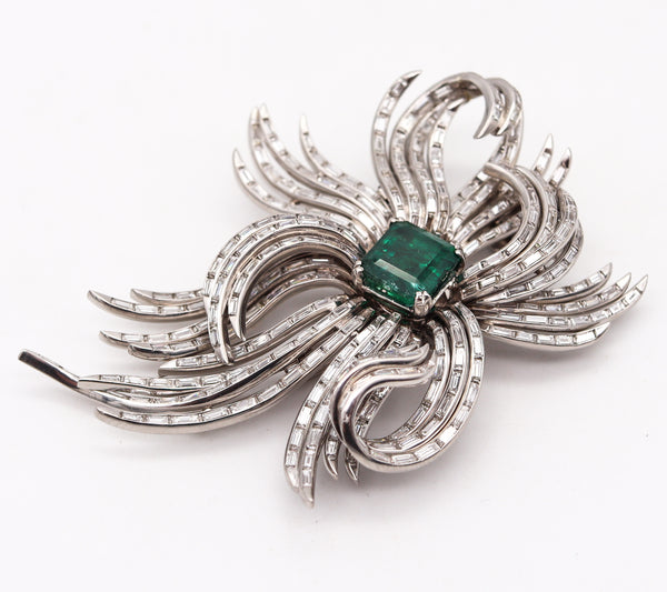 -Art Deco 1930 Certified Pendant Brooch In Platinum With 17.72 Ctw In Diamonds And Emerald