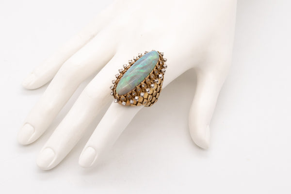 *Mid Century 1960 cocktail ring in textured 18 kt gold with 15.89 Ctw in diamonds & opal