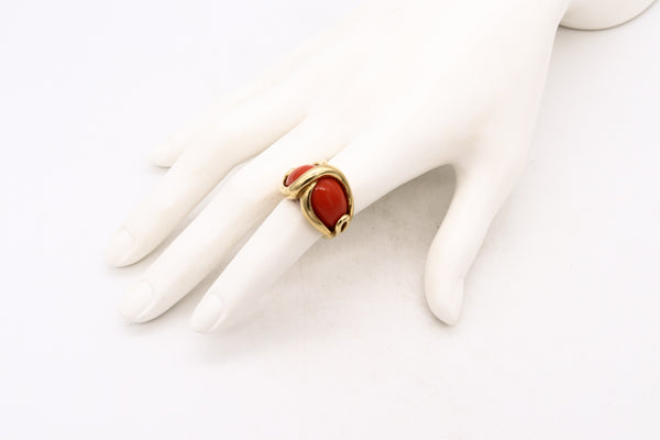 Cartier 1970 Paris Rare Cocktail Ring in 18Kt Yellow Gold With Red Coral Cabochons