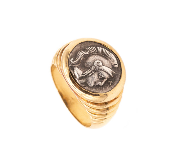 BVLGARI ROMA 18 KT GOLD MONETE SIGNET RING WITH ANCIENT 400 BC GREEK COIN