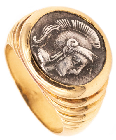 BVLGARI ROMA 18 KT GOLD MONETE SIGNET RING WITH ANCIENT 400 BC GREEK COIN