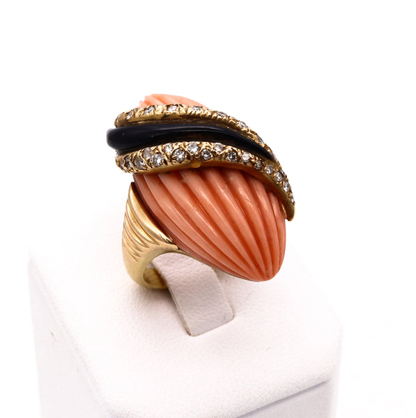 Andre Vassort 1960 France 18Kt Cocktail Ring With 1.02 Cts Diamonds Coral And Onyx