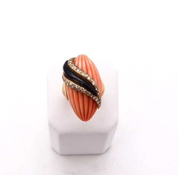 Andre Vassort 1960 France 18Kt Cocktail Ring With 1.02 Cts Diamonds Coral And Onyx