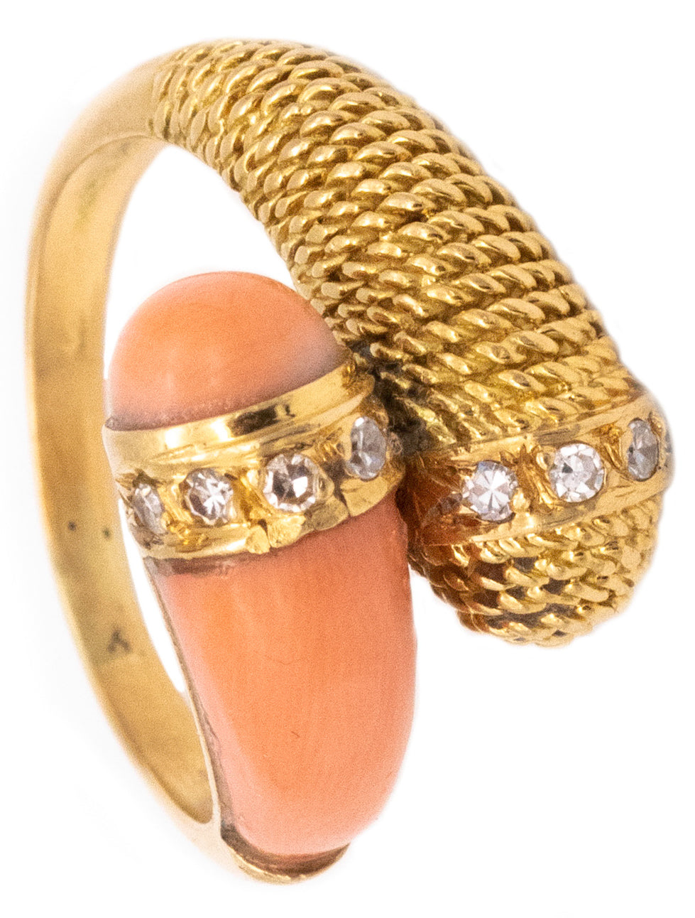 Mauboussin 1960 Paris Toi Et Moi Ring In 18Kt Gold With Diamonds And Carved Coral