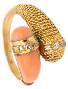 Mauboussin 1960 Paris Toi Et Moi Ring In 18Kt Gold With Diamonds And Carved Coral