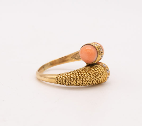 Mauboussin 1960 Paris Toi Et Moi Ring In 18Kt Gold With Diamonds And Carved Coral