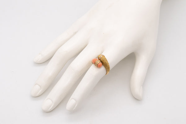 Mauboussin 1960 Paris Toi Et Moi Ring In 18Kt Gold With Diamonds And Carved Coral