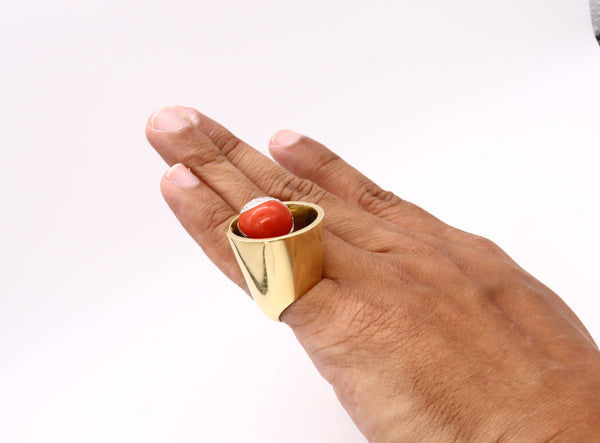 Spatialism 1970 Artistic Sculptural Yin Yang Ring In 18Kt Gold With 1.55 Cts In Diamonds And Coral