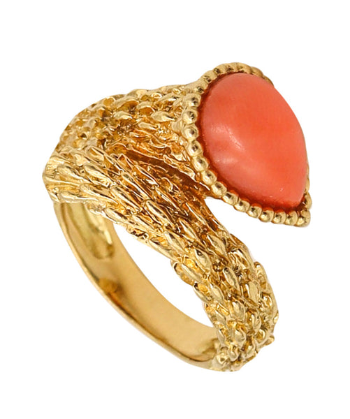 -Boucheron Paris 1970 Serpent Boheme Textured Ring In 18Kt Yellow Gold With Coral
