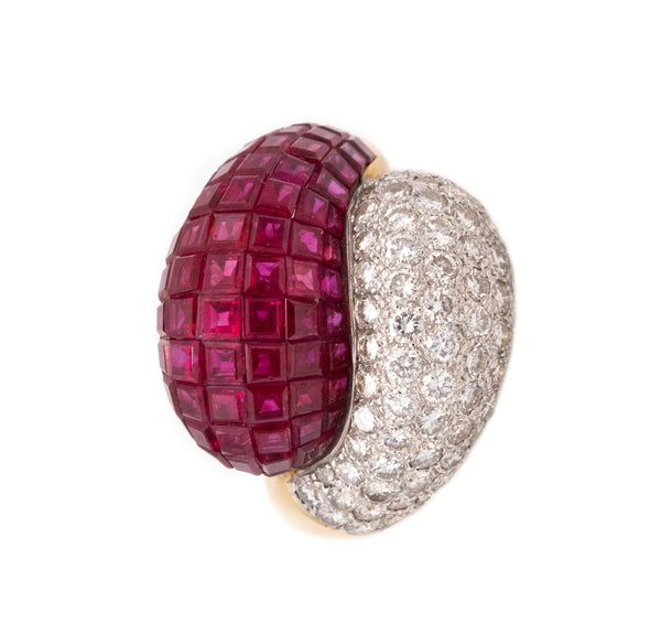 INVISIBLE MYSTERY SETTING COCKTAIL RING IN 18 KT YELLOW GOLD WITH 8.19 Ctw IN DIAMONDS & RUBIES