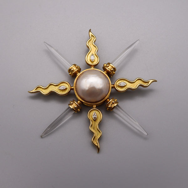 Arsham Modernist Maltese Pendant Brooch In 18Kt Gold With VS Diamonds Rock Quartz & Pearl