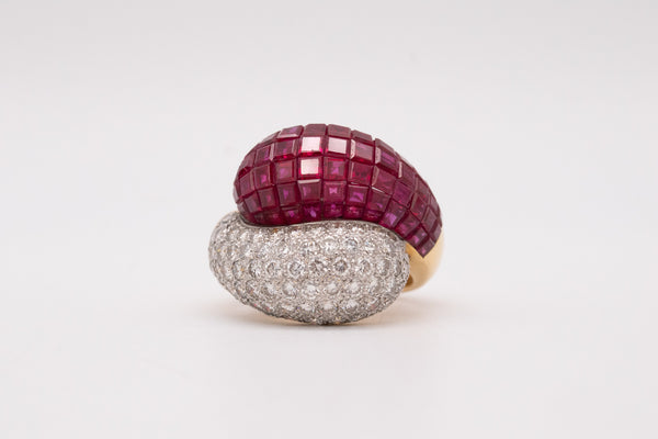 INVISIBLE MYSTERY SETTING COCKTAIL RING IN 18 KT YELLOW GOLD WITH 8.19 Ctw IN DIAMONDS & RUBIES