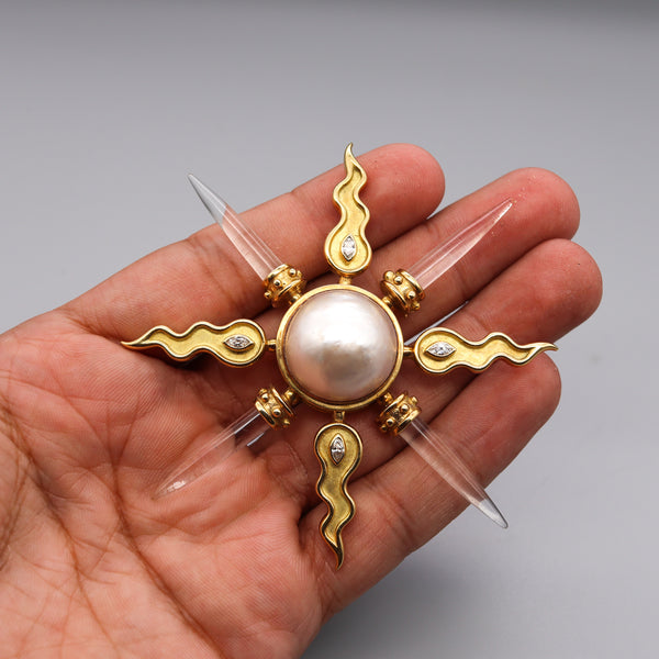 Arsham Modernist Maltese Pendant Brooch In 18Kt Gold With VS Diamonds Rock Quartz & Pearl