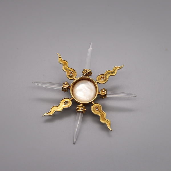 Arsham Modernist Maltese Pendant Brooch In 18Kt Gold With VS Diamonds Rock Quartz & Pearl