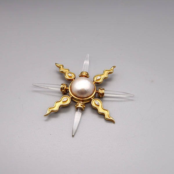 Arsham Modernist Maltese Pendant Brooch In 18Kt Gold With VS Diamonds Rock Quartz & Pearl